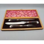 Oak cased horn-handled and silver-mounted three piece carving set, marked for Benetfink,