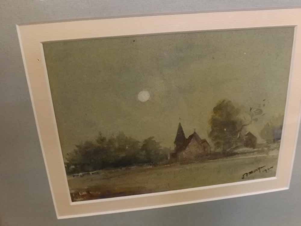 OWEN FREDERICK MORGAN, SIGNED AND DATED 1924, watercolour, Church in Moonlit Landscape, 5" x 7"