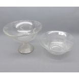 Clear glass ribbed pedestal bowl, and further shorter example (2)