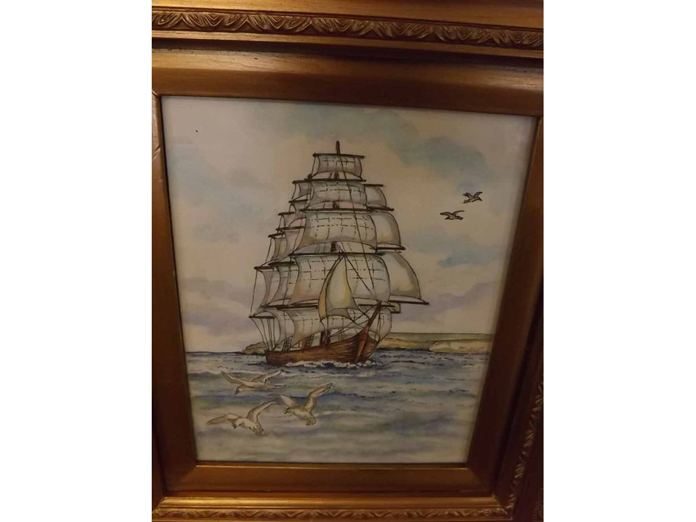 UNSIGNED watercolour, Sailing boats and seagulls off a coast, 9 1/2" x 7 1/2"