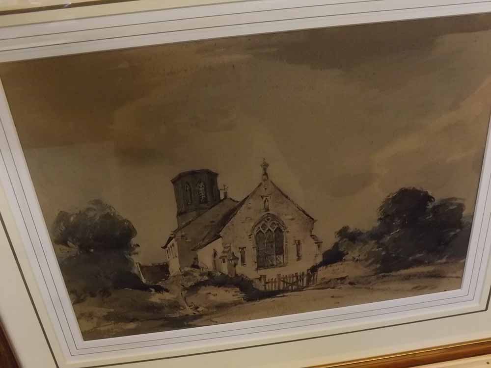 ARTHUR EDWARD DAVIES, SIGNED, pen, ink and watercolour, Norfolk Scene with Church, 11" x 16"