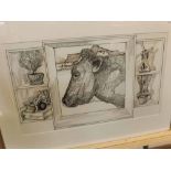 ELDON SCOTT, SIGNED PEN AND INK DRAWING, Bull's Head etc, 11" x 19"