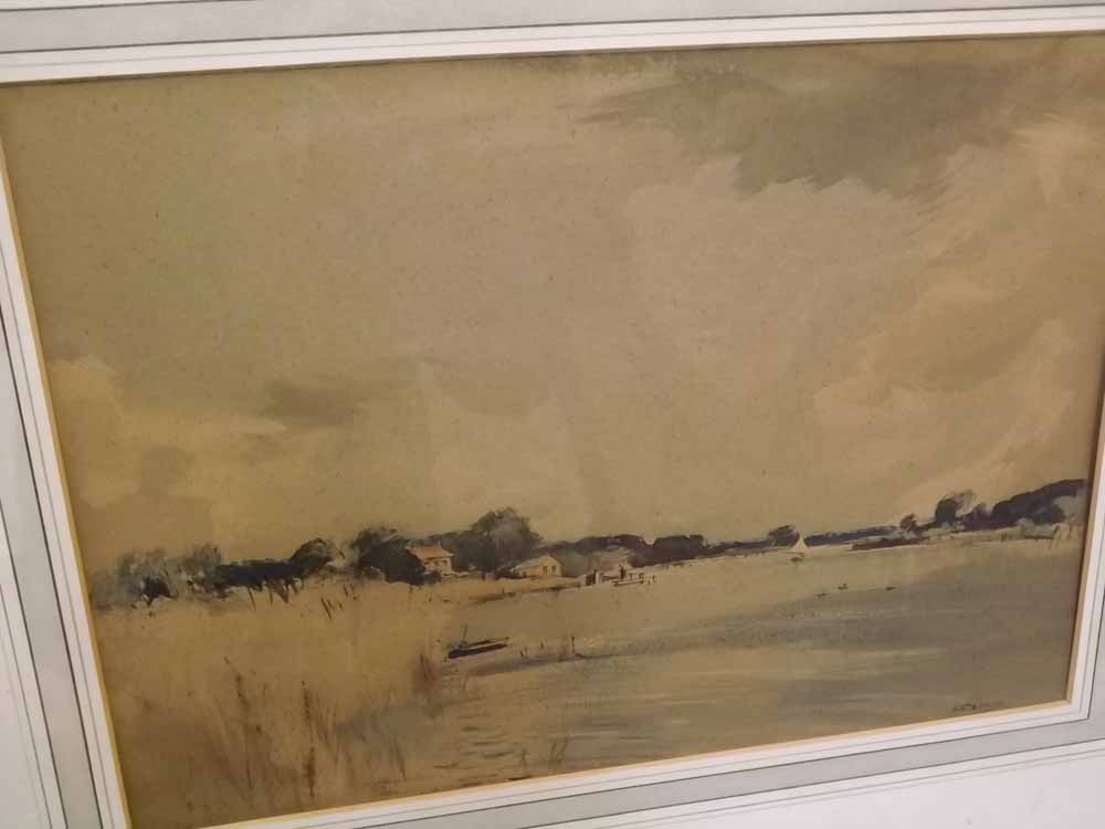 ARTHUR E DAVIES, SIGNED, pen, ink and watercolour, Broads view, 11" x 15"