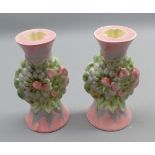 Pair of Clarice Cliff Candlesticks, moulded with the My Garden pattern (restored), 5 1/4" high