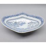 19th century Chinese oval dish, decorated in underglaze blue with a river scene (repaired), 12 1/