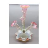 Cranberry and Vaseline glass four branch epergne vase, 18 1/2" high