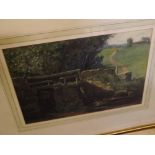 SYDNEY POTTER, MONOGRAMMED, watercolour, River landscape with footbridge, 11" x 16 1/2"