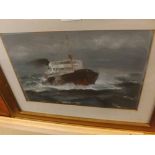 INDISTINCTLY SIGNED, pastel study of a boat of rough seas, framed and glazed, 17" wide in total