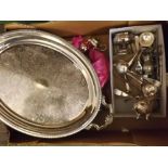 Box of various silver plated wares to include oval tea tray, candlestick, various cutlery, cruet
