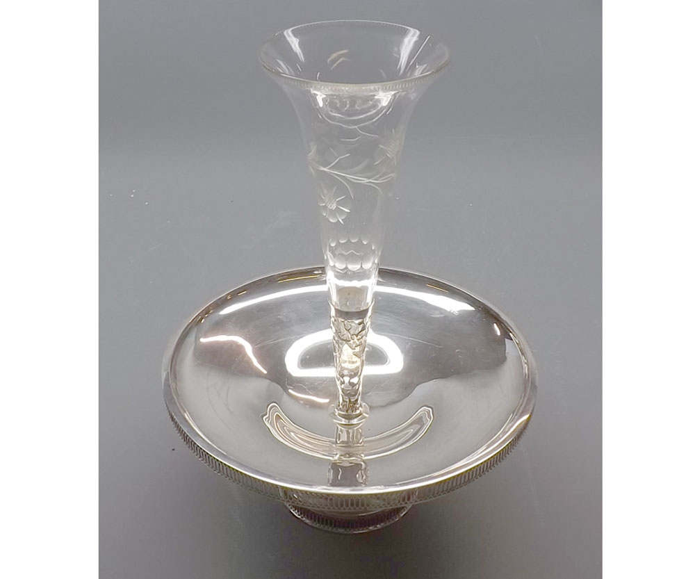 Cut clear glass and silver based single stem epergne vase, Sheffield hallmarked although undated,