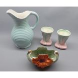 Mixed Lot: Govancroft stoneware jug, together with a pair of Sylvac pink decorated vases and a