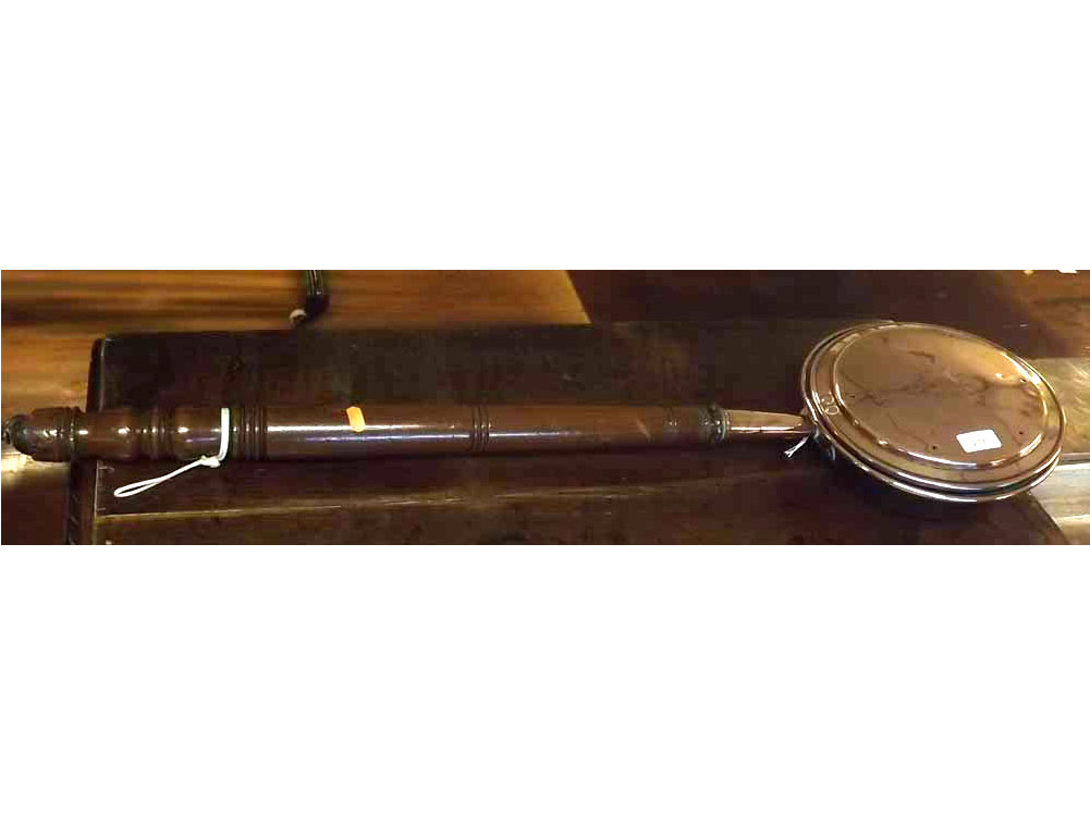 19th century copper bed warming pan with turned wooden handle