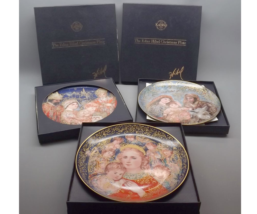 Three Knowles Edna Hibel boxed Christmas plates