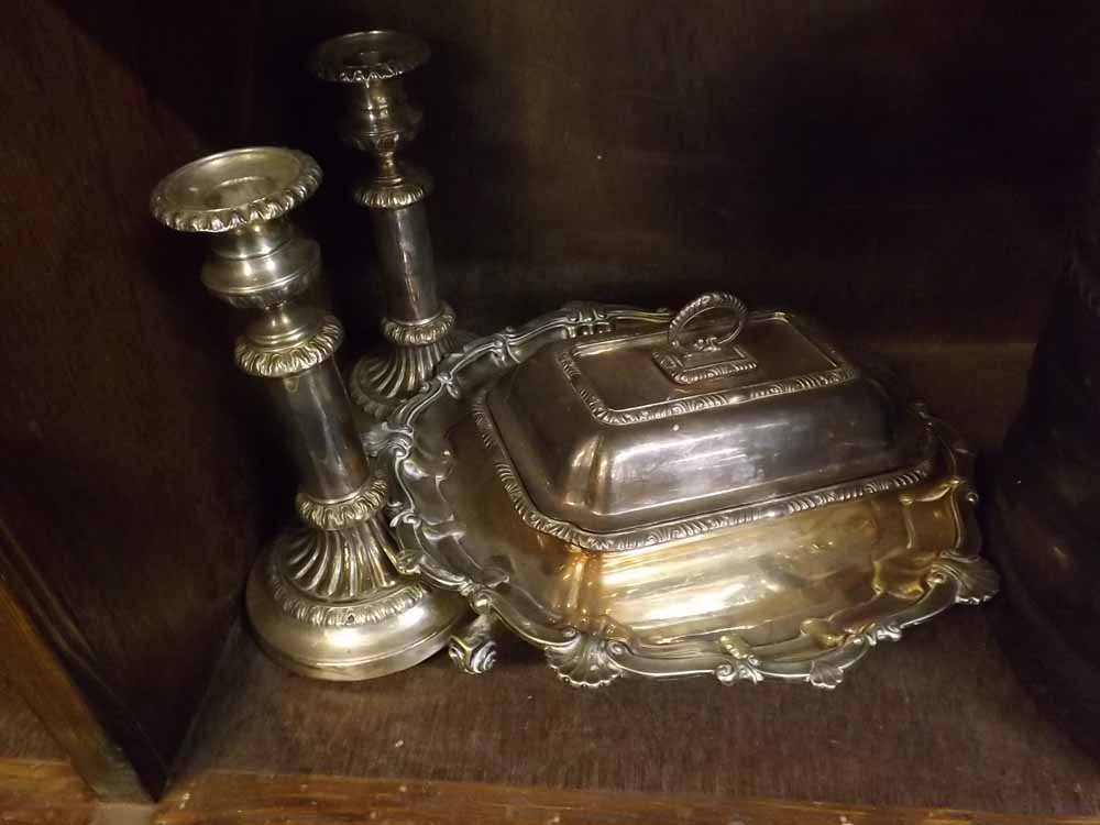 Mixed Lot: pair silver plated candlesticks, silver plated tray and serving dish