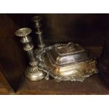 Mixed Lot: pair silver plated candlesticks, silver plated tray and serving dish