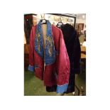 Mixed lot: vintage smoking jacket detailed with Chinese dragons together with a further coat