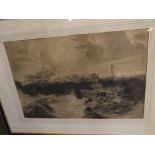 R J SANDELL, framed pencil drawing, Grace Darling off the Northumberland Coast, dated 1908, frame