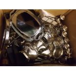 Large box various assorted silver plated wares to include candelabras, tea sets, serving dishes,