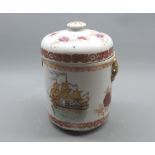 Sampson circular tea canister, decorated with three-masted ship and floral design, 8" high
