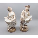 Pair of Dresden late 19th of early 20th century continental salt seller figures, pseudo blue crossed