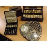 Mixed Lot: silver plated combination toast rack and butter dish, cased cutlery and a metal tea caddy