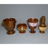Mixed Lot: three various small copper lustre goblets and a further similar sugar caster (4)