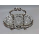Silver plated hors d'oeuvres stand fitted with three glass dishes