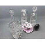 Mixed Lot: three cut glass decanters, cut glass bowl, Art Glass bird and two Shelly cups and saucers