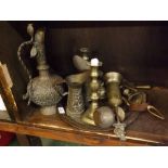 Mixed Lot: various brass wares to include assorted jugs, candlesticks, tray, fire tools etc