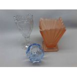 Mixed Lot of glass wares: Art Deco period pink glass tapering square vase and two further vases (3)