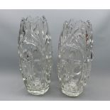 Pair of 1930s French art glass vases, decorated with fleur-de-lys design, 13" high
