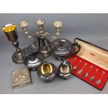 Mixed Lot: various silver plated wares to include tea set, candelabra, cased spoons etc