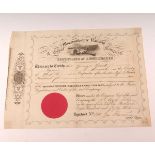 MONMOUTHSHIRE RAILWAY & CANAL COMPANY SHARE CERTIFICATE for 25 shares, to George Grout of Norwich