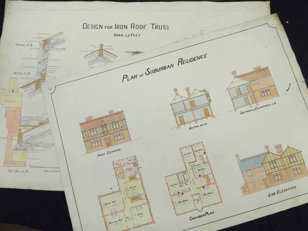 LARGE FOLDER: series of architectural plans and drawings for cottages, public houses, country and