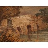 ATTRIBUTED TO OBADIAH SHORT (1803-1886, BRITISH) River scene with bridge watercolour 5 x 7 1/2 ins