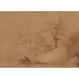 THOMAS LOUND (1802-1861, BRITISH) Figure in a rowing boat before a cottage pencil and wash 7 x 9 ins