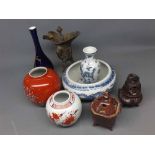 Mixed Lot: two oriental ginger jars, Chinese patinated bronze sensor, further Eastern cast metal