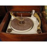 1950s high black box four speed record player, in mahogany bow fronted case