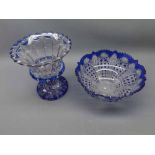 Blue tinted Bohemian style glass pedestal vase, and similar bowl, 7 “ wide and 8 “ diameter (2)