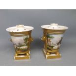 Pair of Paris Porcelain posy vases, each painted with scenes, 5 “ high