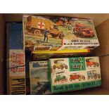 Box containing mixed construction kits to include Airfix, RAF Emergency set, Revel Highways Pioneers