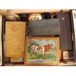 Box containing assorted vintage children s toys to include magic lantern slides, further cardboard