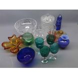 Three various glass bowls, various other coloured glassware and a clear biscuit barrel