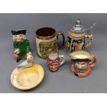 Royal Doulton small character jug Falstaff , two others, small bier stein, further hunting mug and