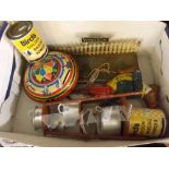 Box to include assorted vintage tinplate toys, a painted spinning top, climbing tin plate monkey