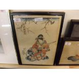TOYOKUNI, coloured woodblock, Female musician, 14 x 10 together with two further Japanese woodblocks