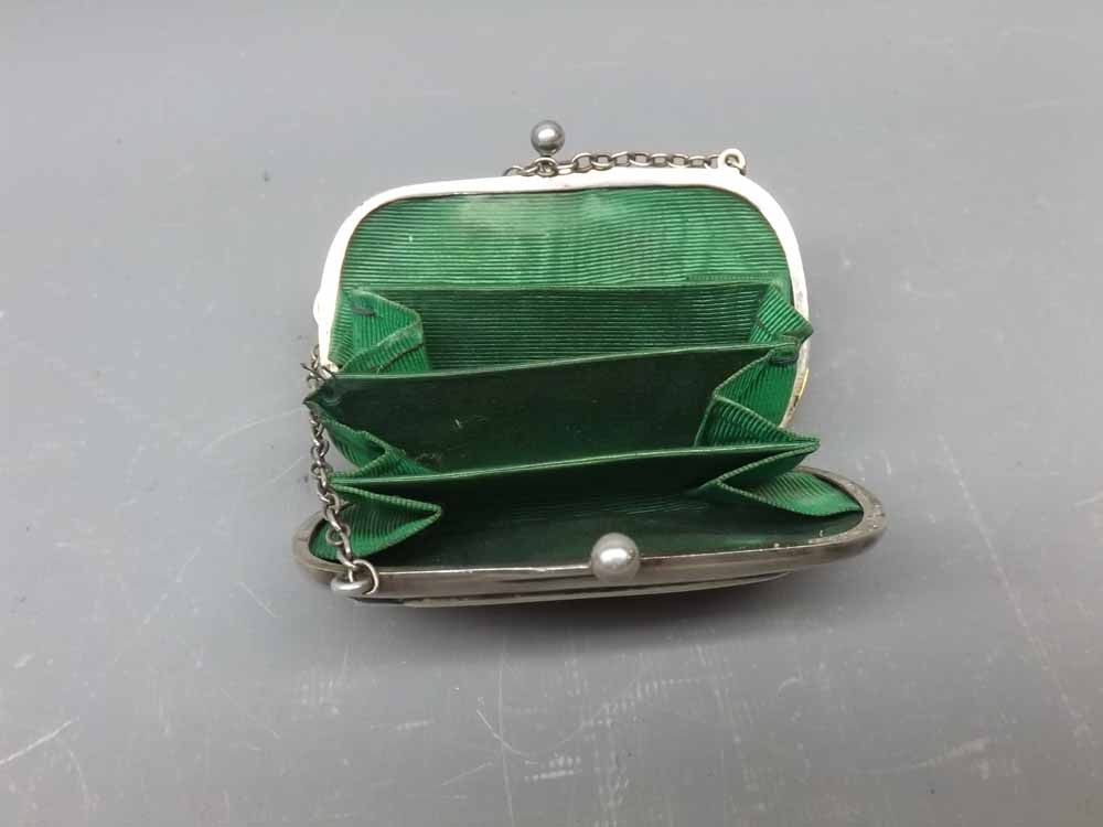 Birmingham stamped silver green ladies purse, lined with green silk, with attached chain and pressed