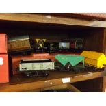 Quantity of Hornby trains O gauge tinplate railway carriages to include a No 1 Goods van, a cement