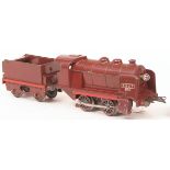 French Hornby 0 gauge 0-E 0-4-0 locomotive and tender, SNCF maroon livery 20v electric (unboxed)