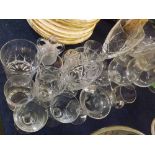 Collection of various brandy balloons, wine glasses, other drinking glasses, decanters, vase etc